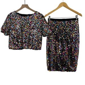 H&M Black Multicolor Sequin Crop Top & Pencil Skirt Set